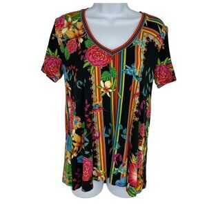 Johnny Was Andra Short Sleeve V Neck Swing T-Shirt Multi-Colors Size XXS
